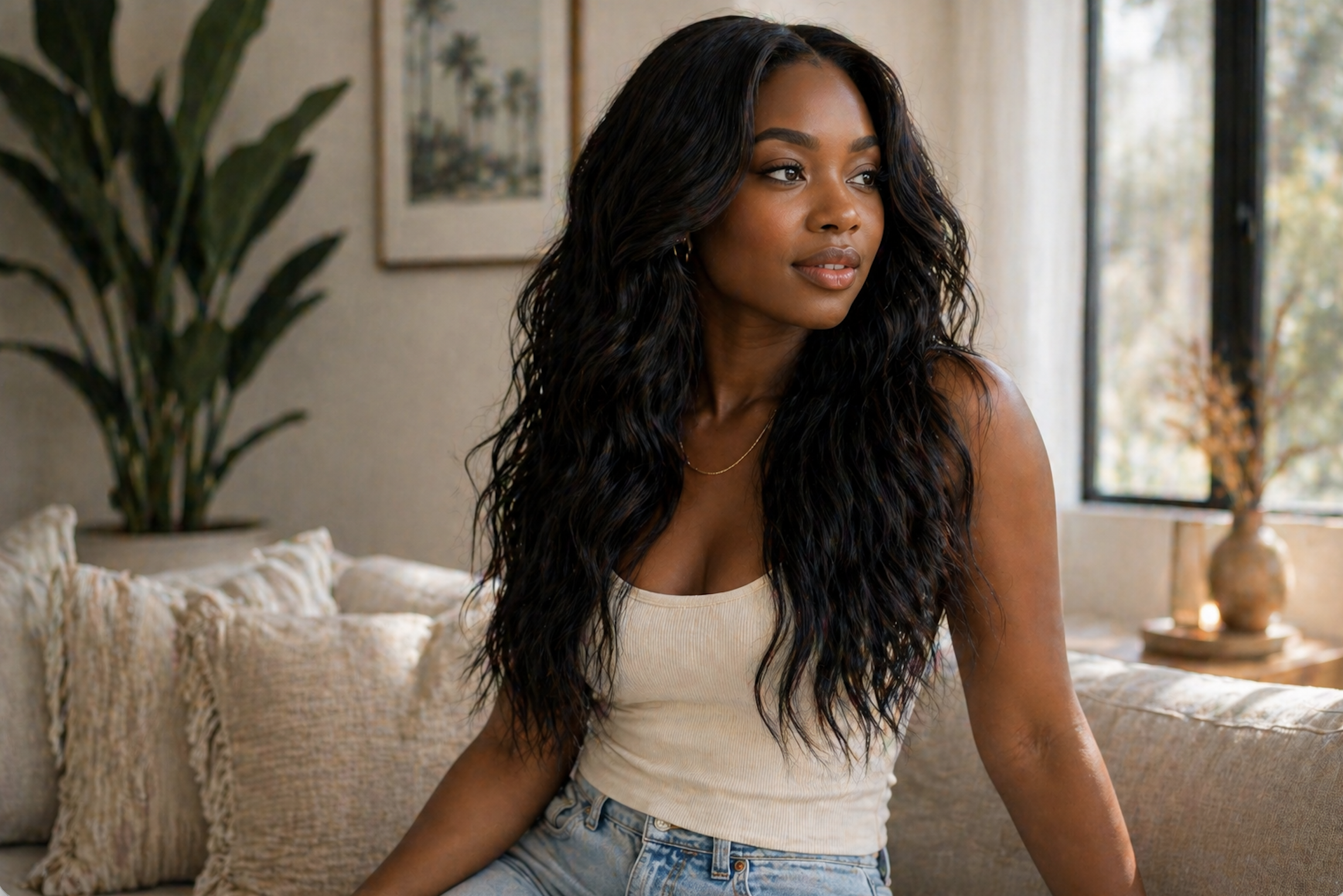 A woman with wavy hair sitting on a couch in a bright room.
