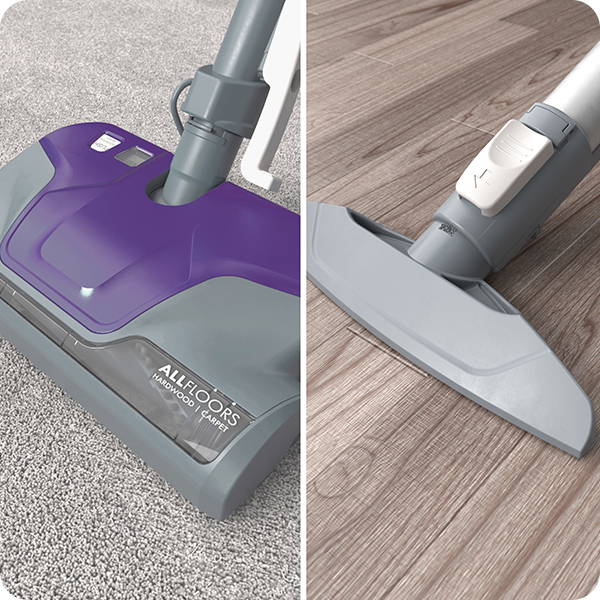 Side by side comparison of a Kenmore® vacuum cleaning carpet and hardwood floors