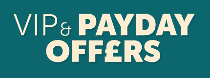 Text promoting VIP and payday offers on a teal background.