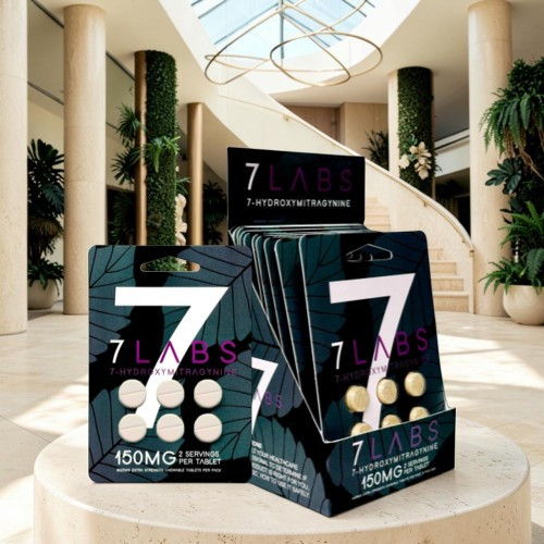 Bottles of 7 Labs supplements displayed in a stylish interior setting.