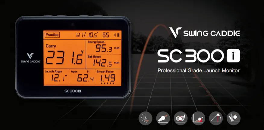 The Swing Caddie SC300i launch monitor unit with the Voice Caddie logo