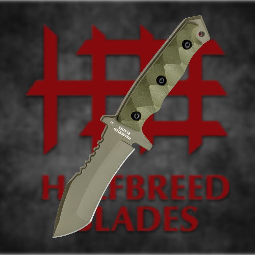 Knife with a green handle and a logo for Halfbreed Blades in background.