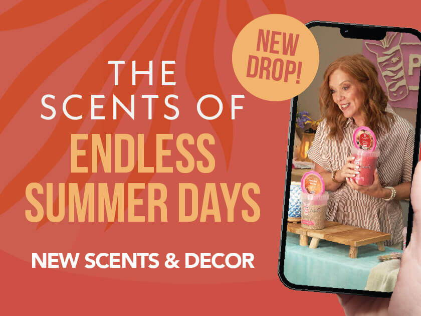 Promotional image for new summer scents and decor featuring a smiling woman.
