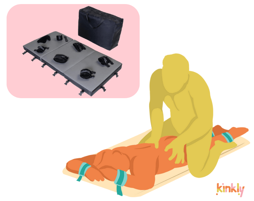 Liberator Bondi shown next to an illustrated Private Rubdown Sex Position: The receiving partner is laying flat on their stomach on top of a soft surface with their wrists bound above their head. The giving partner straddles them, rubbing their back and aligning the genitals for penetration. | Kinkly Shop