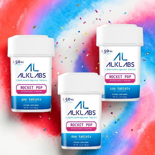 Three containers of ALKLABS Rocket Pop tablets on a colorful background.