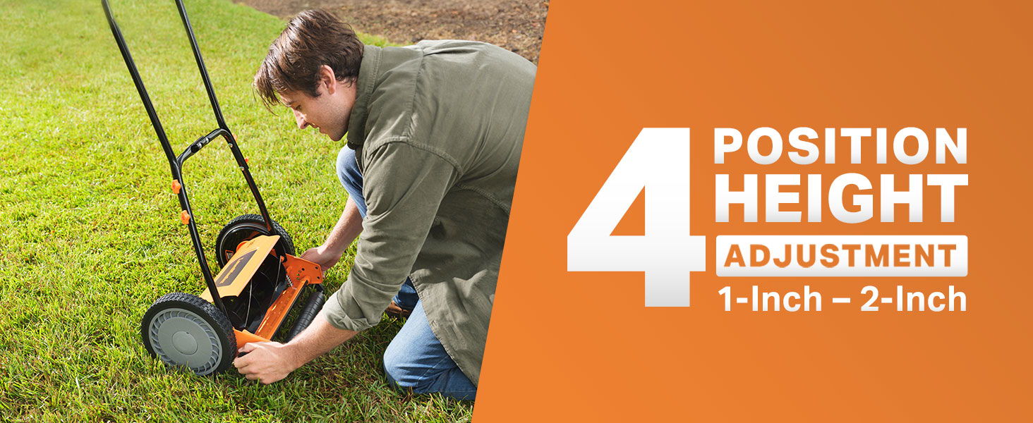 Person adjusting a lawn mower's height on grass. 4-position height adjustment feature.