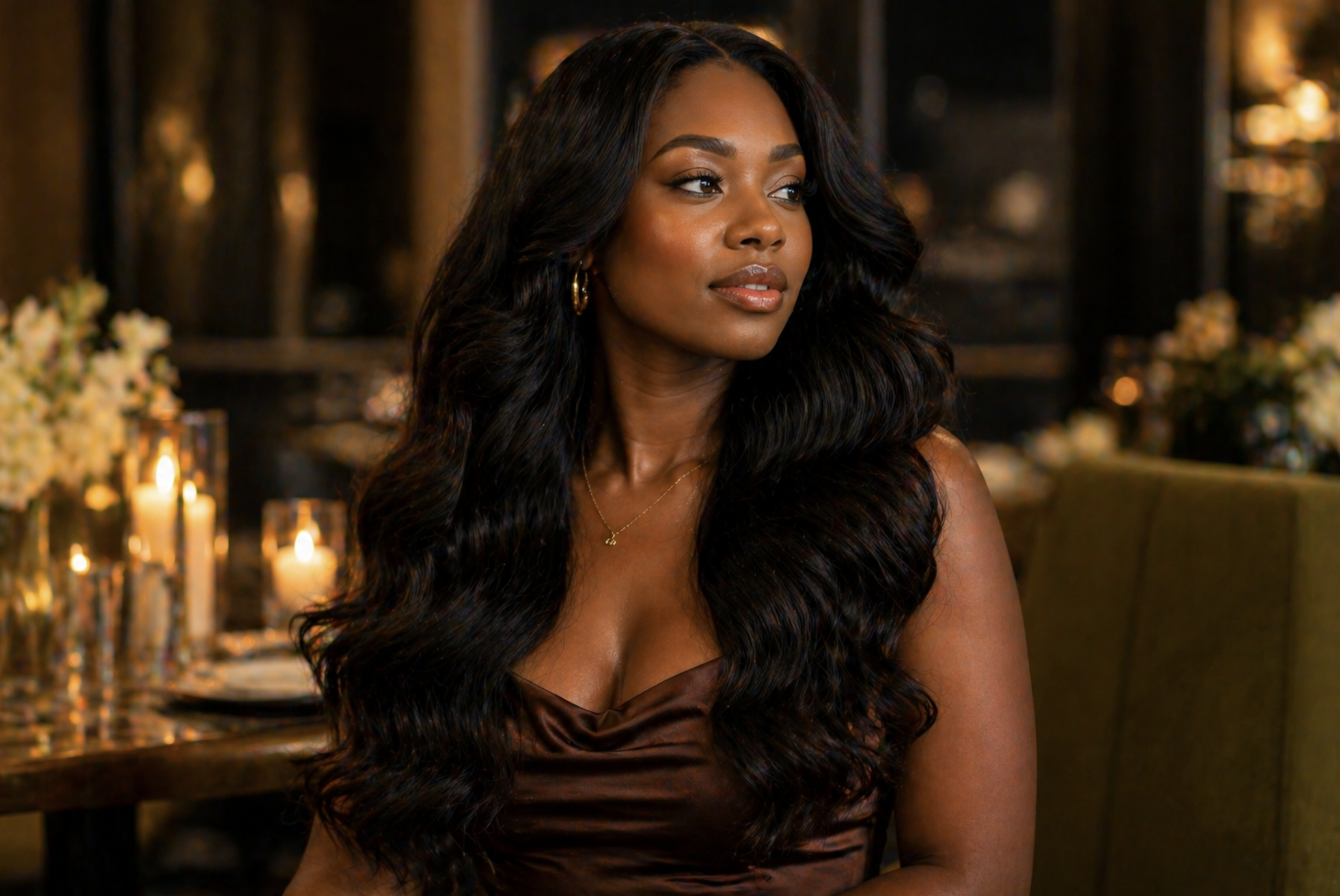 A woman with long hair sitting in a restaurant, looking off to the side.