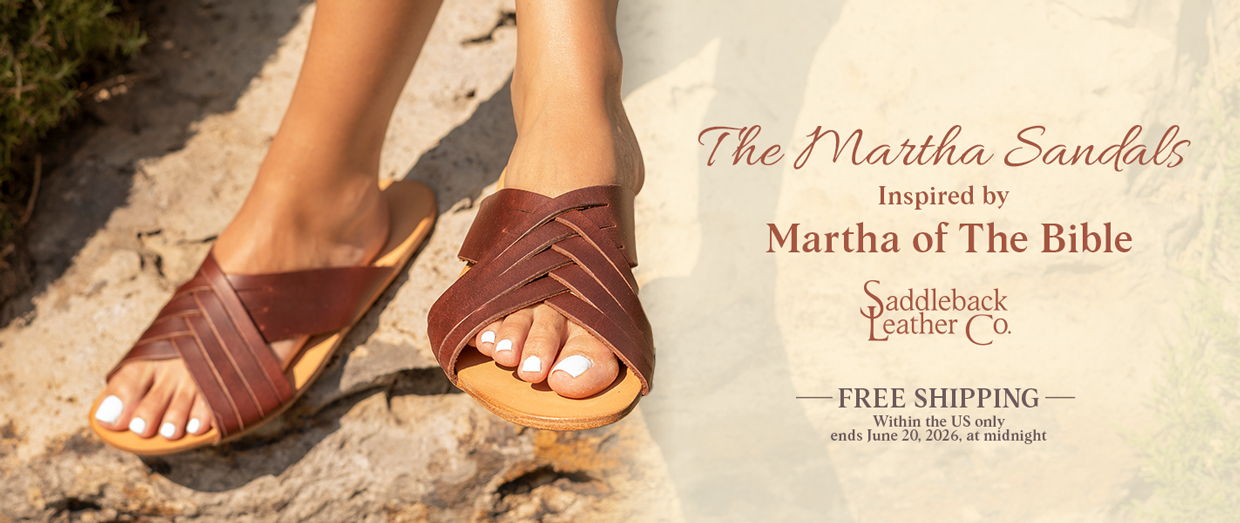 Brown sandals displayed on a stone surface with promotional text.