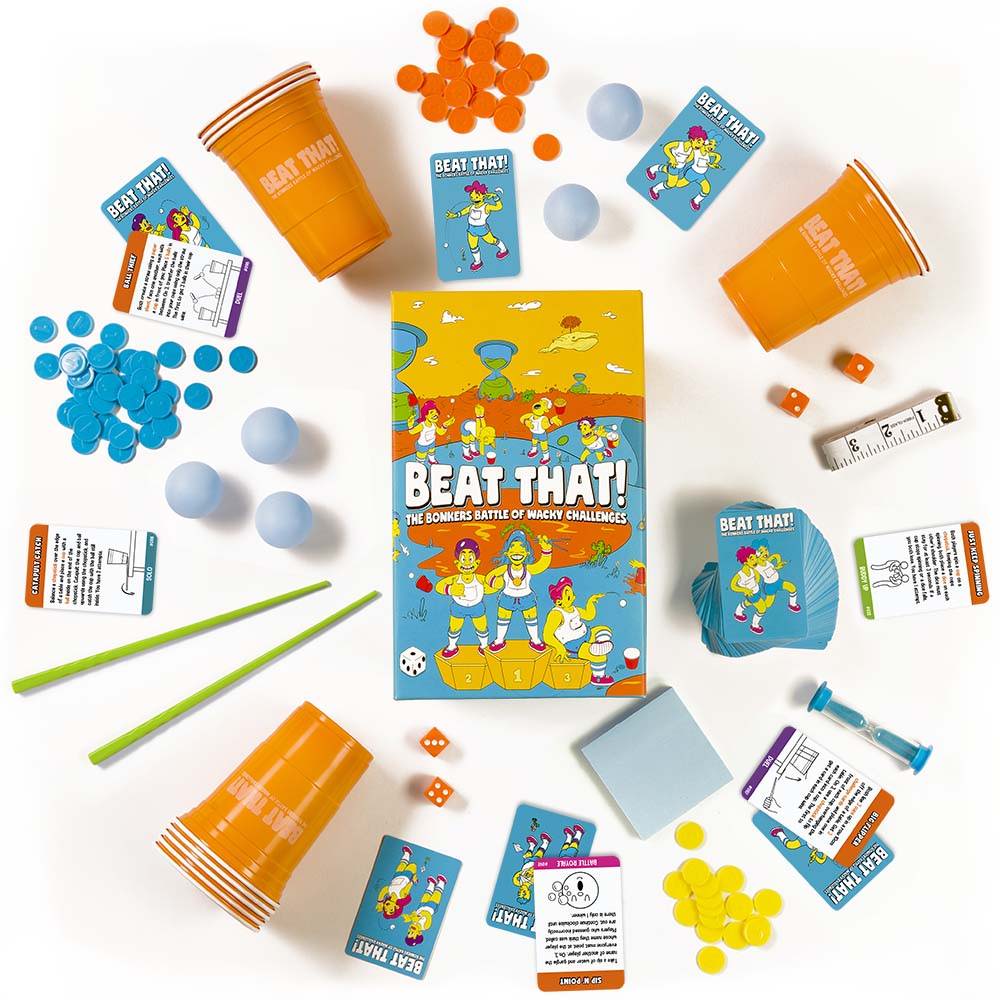 Aerial image of Beat That! family party game with all components