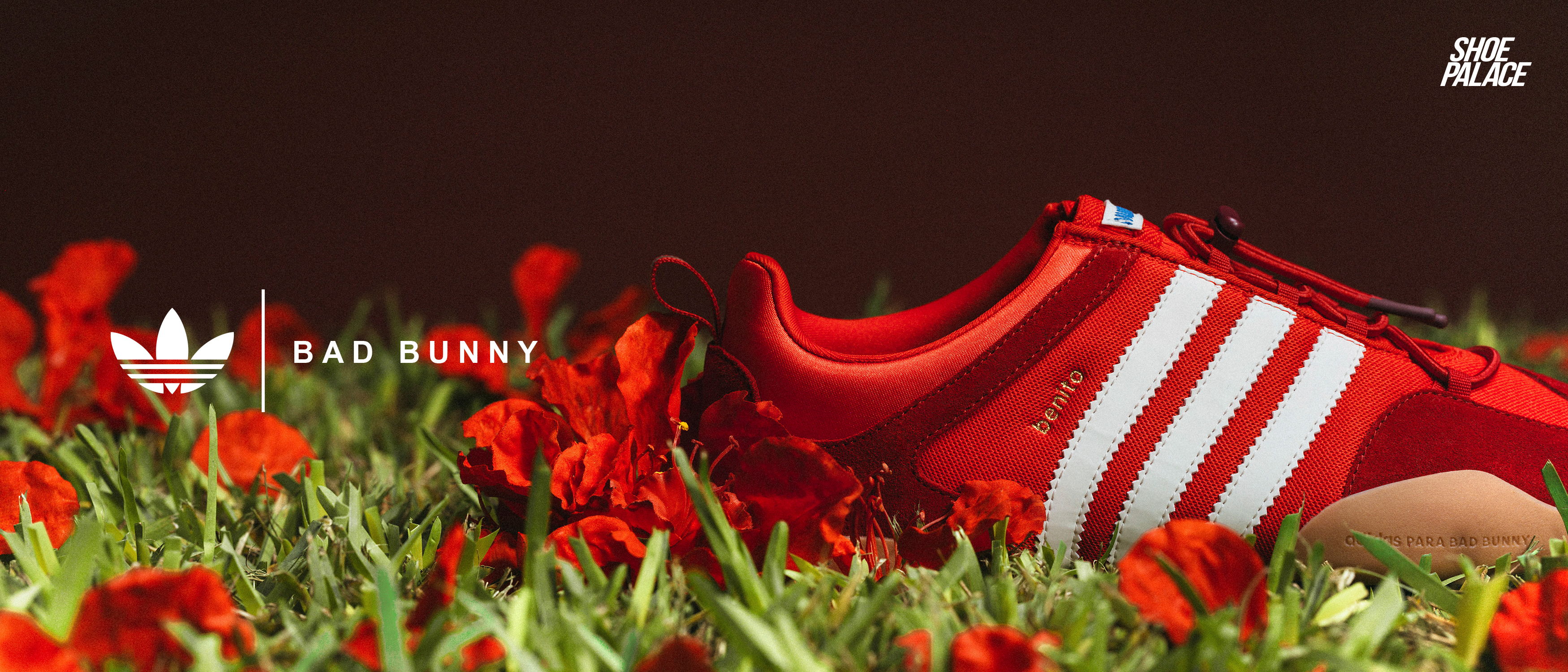 Red Adidas shoe surrounded by flowers on a textured surface.