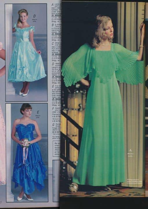 Love this dress from Montgomery Ward Fall 1980 featuring a poncho-like pleated top, empire waist, and bright mint green color. 