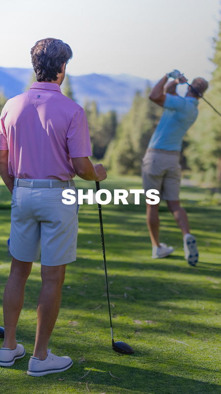 Two men golfing, one in shorts, another swinging a club. Text: 