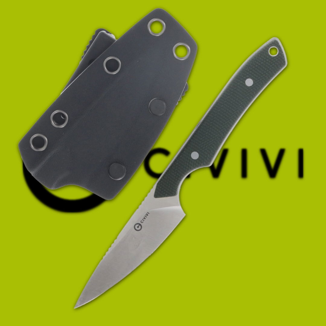 Knife with a black sheath on a bright green background.