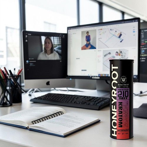 A workspace with a computer, notebook, and a Honeyroot product.