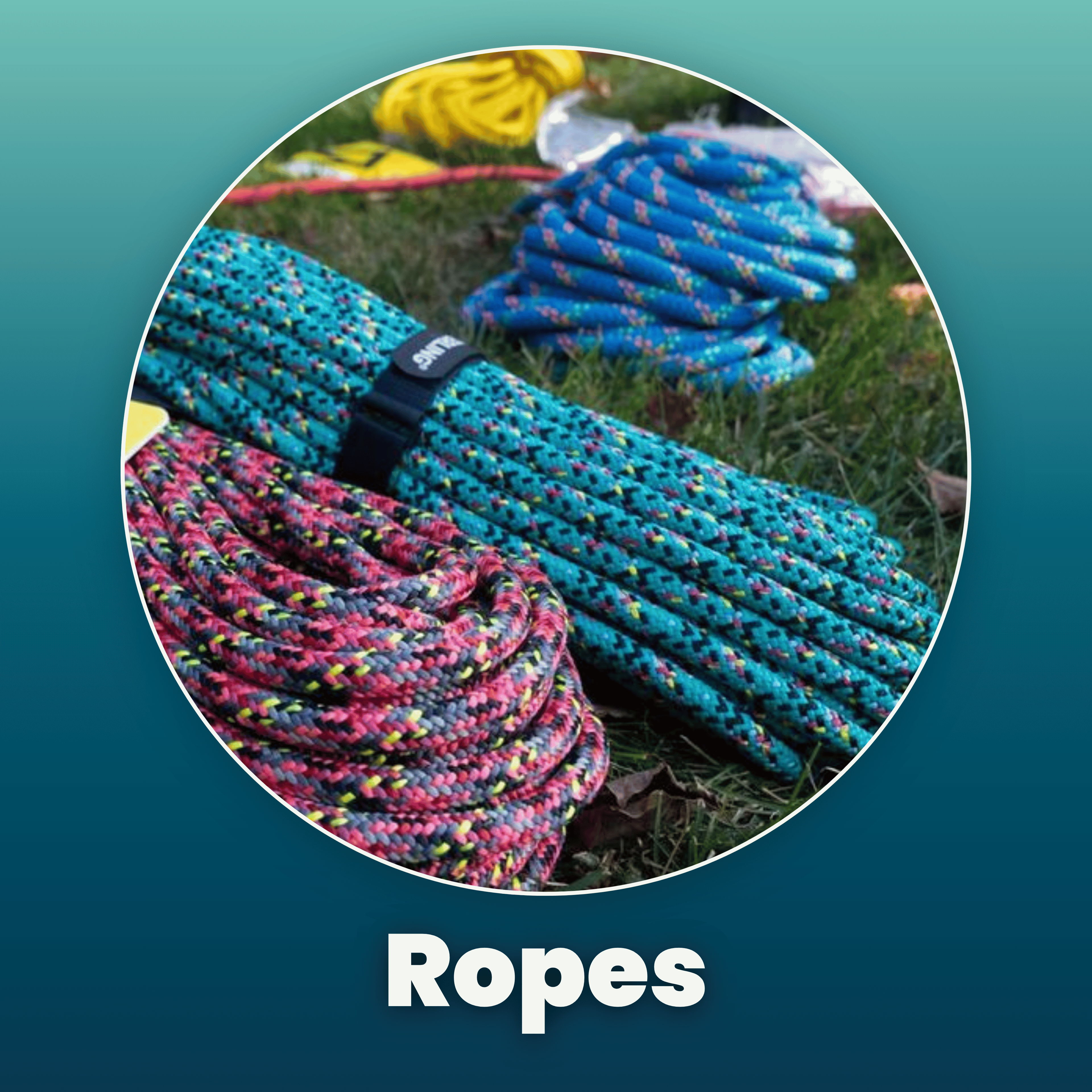 Colorful ropes arranged on a surface, labeled 