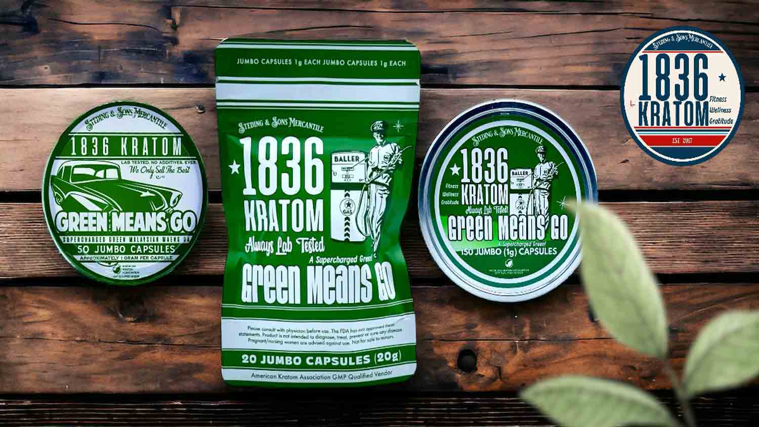 1836 Kratom Green Means Go Kratom Jumbo Capsules 20ct, 50ct, & 150ct