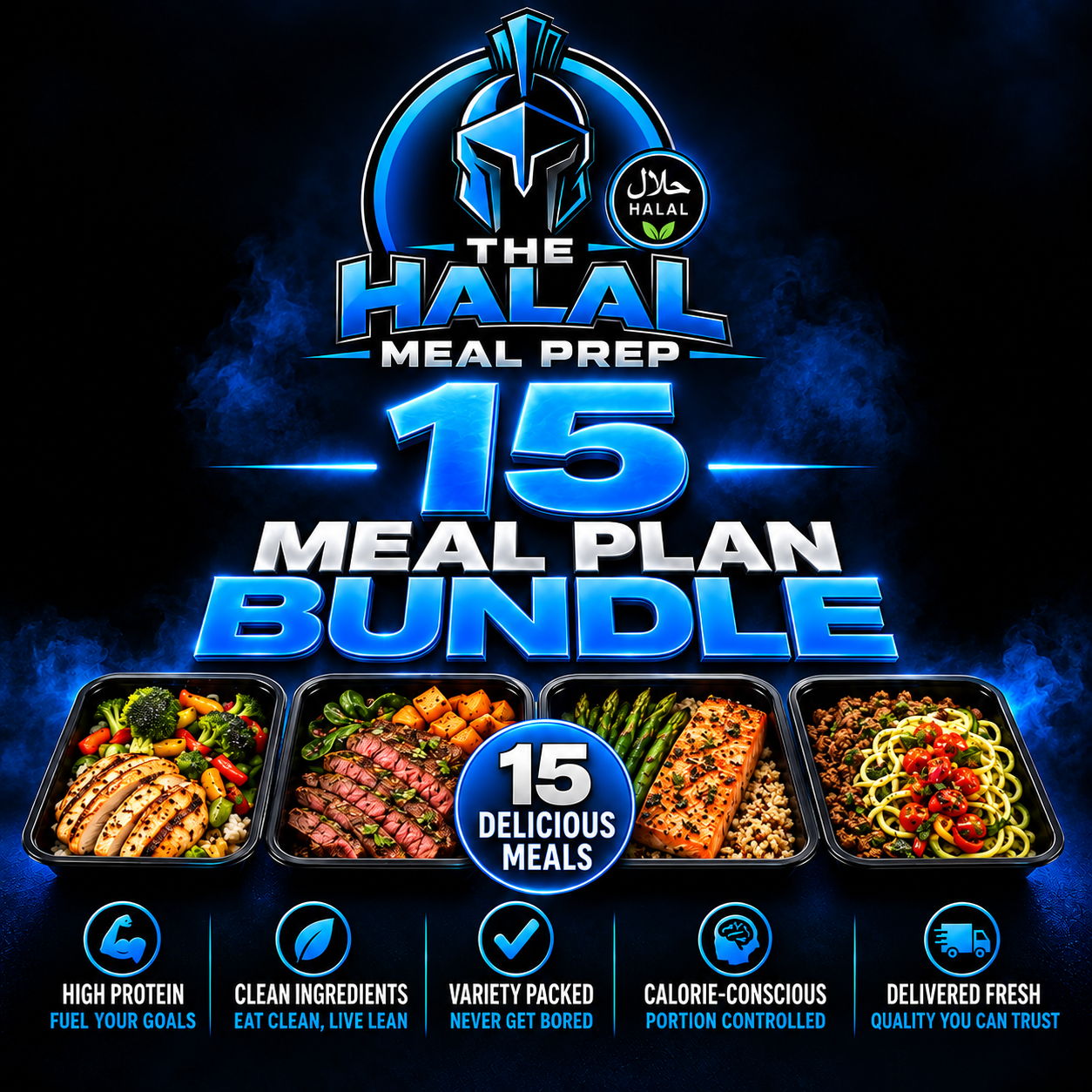 The Halal Meal Prep 15 Meal Plan Bundle featuring 15 delicious, high-protein halal meals. Fresh grilled chicken, steak, salmon, and healthy meal prep options with clean ingredients, balanced portions, and convenient halal meal delivery.