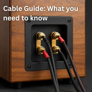 Close-up of audio equipment connections with a cable guide title.