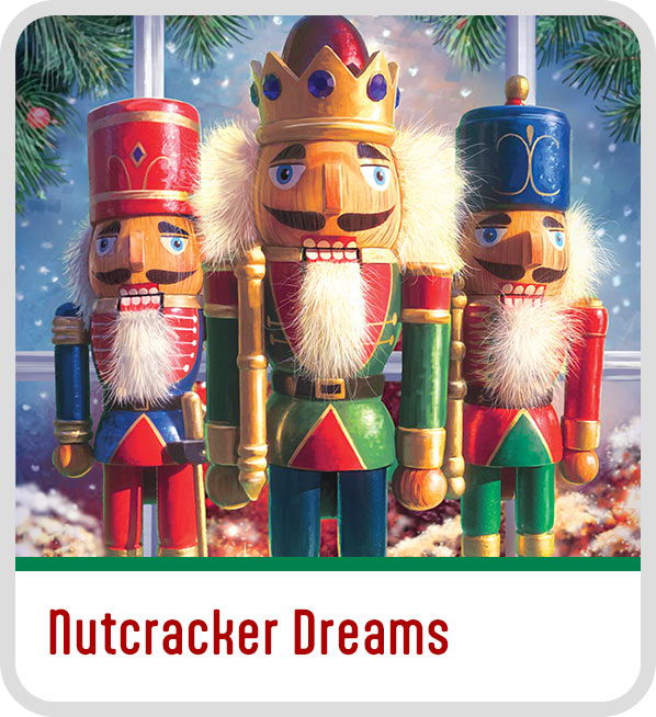 Three colorful nutcracker figures with a festive background. Text: 