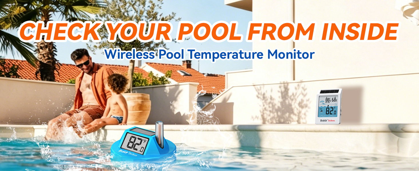 Family enjoying the pool with a wireless temperature monitor displayed.