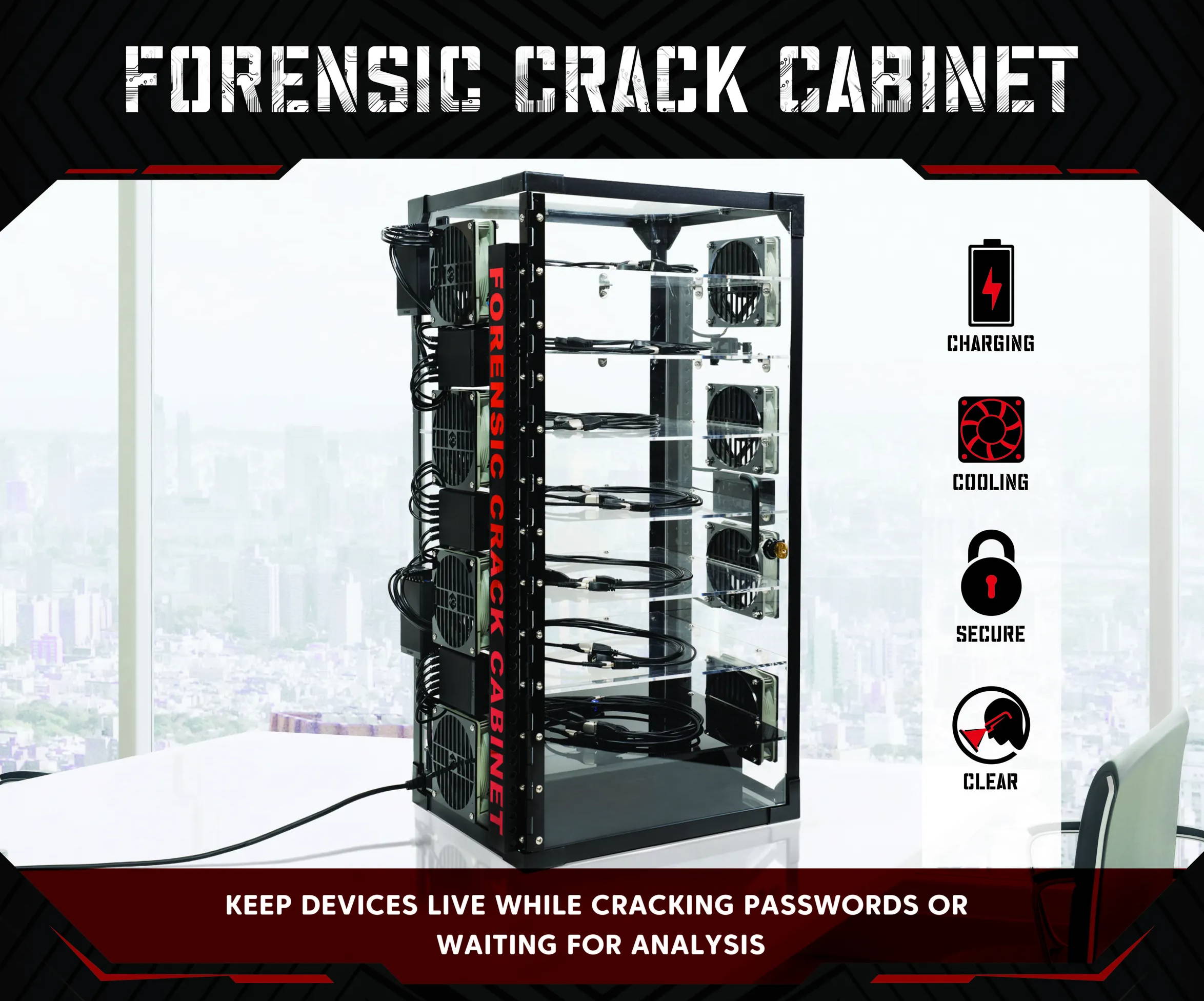 Mission Darkness Forensic Crack Cabinet charges, cools, and organizes cell phones waiting for analysis and passcode unlocking