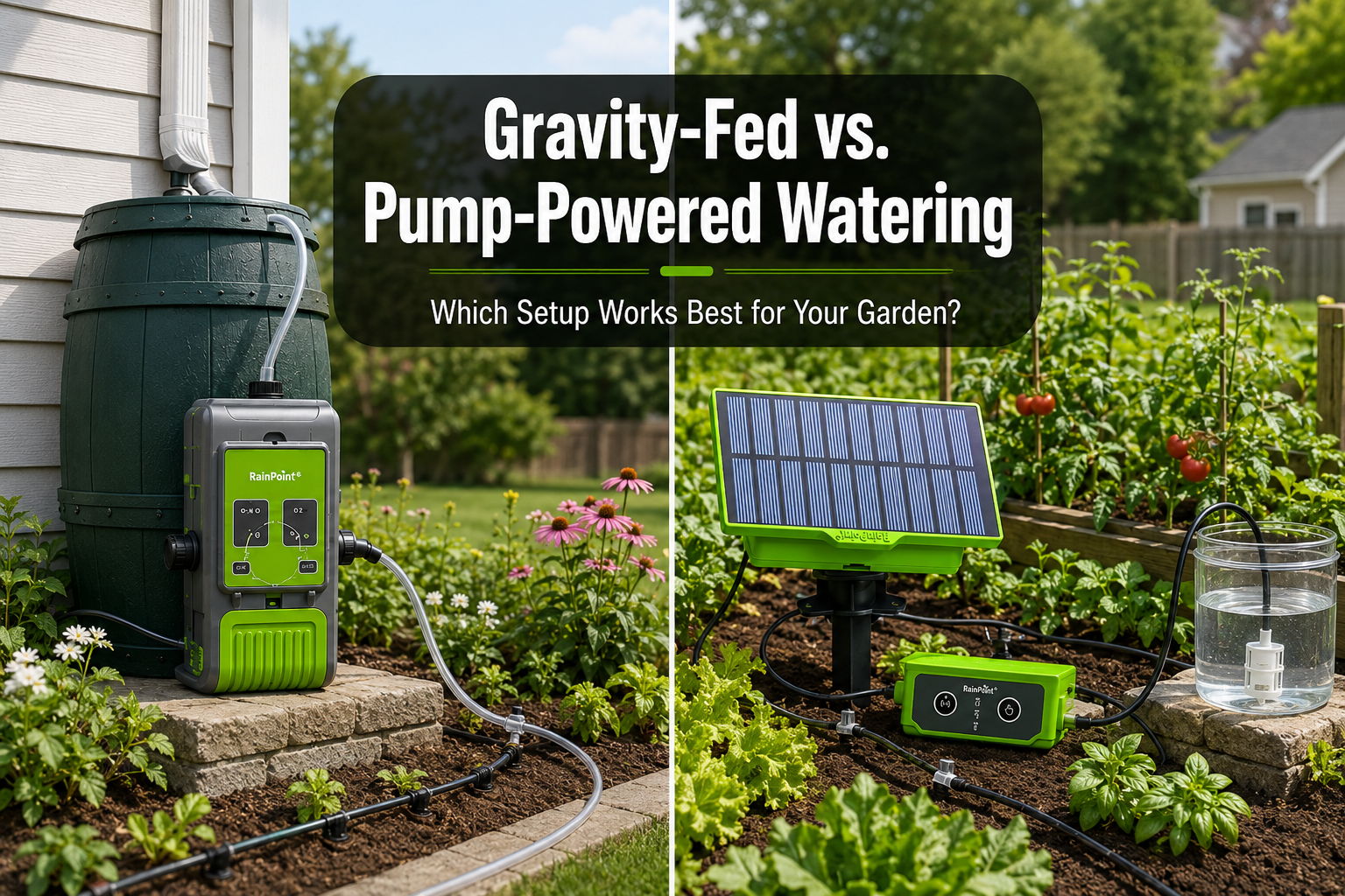 Comparison of gravity-fed and pump-powered watering systems for gardening.