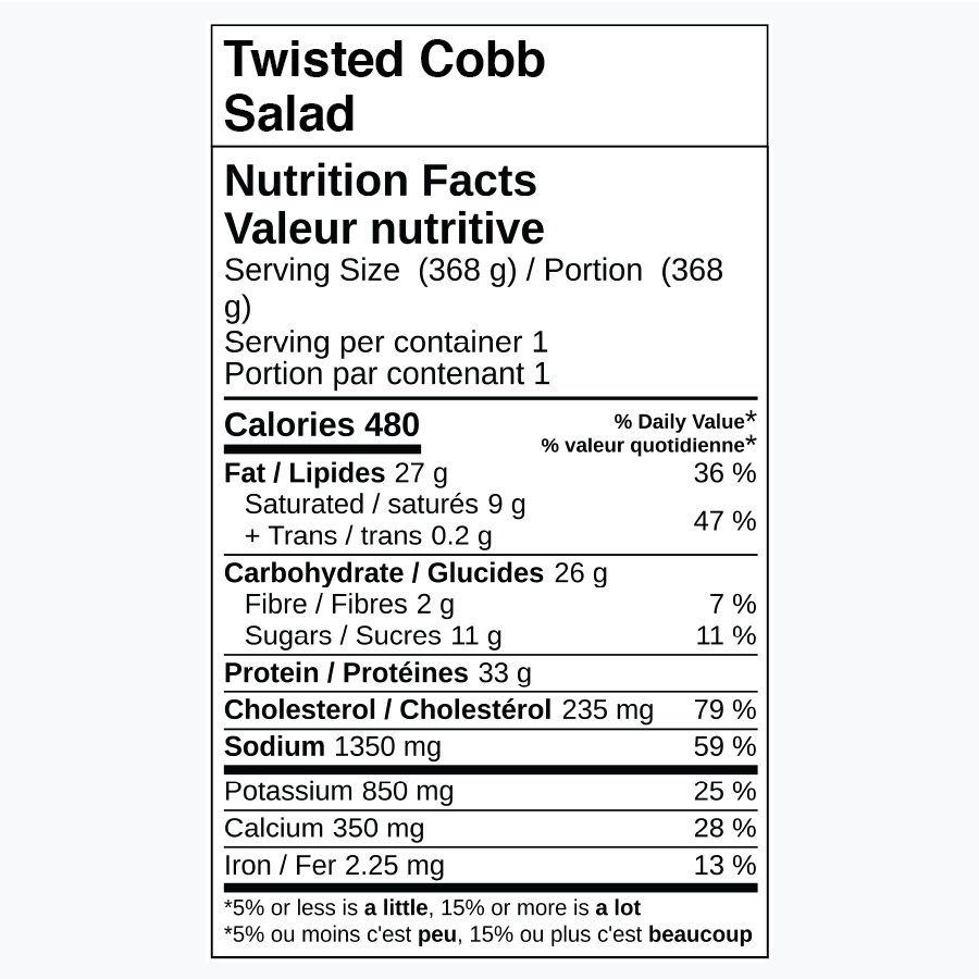 Nutrition facts for Twisted Cobb Salad, including calories and nutrients.
