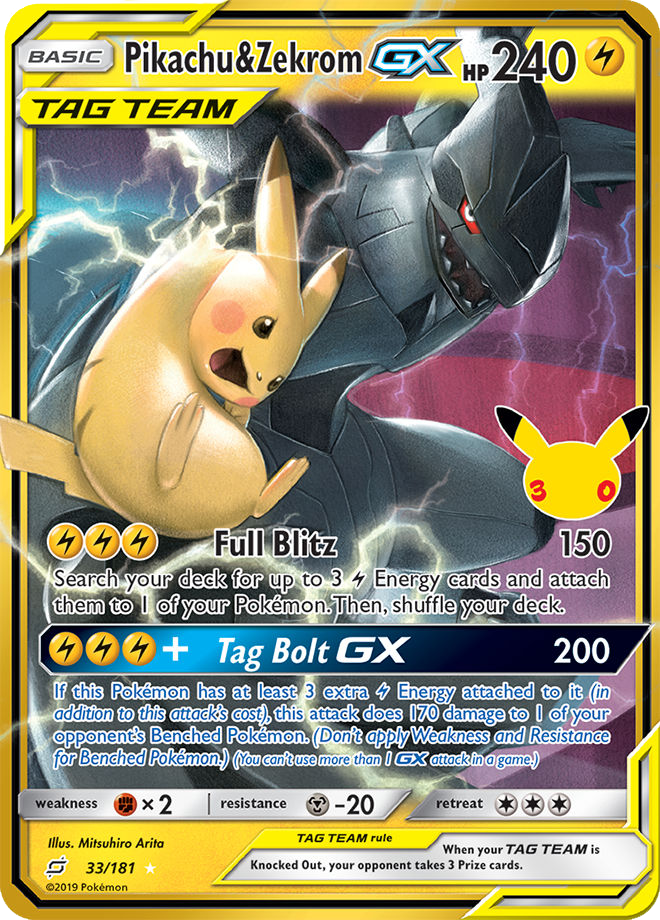 Pikachu and Zekrom GX Pokémon card from the 30th Celebration Classic Collection.