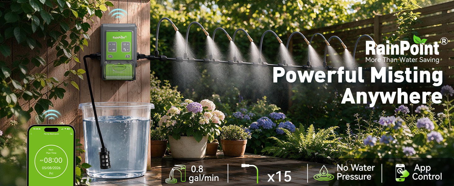 RainPoint device showcasing powerful misting system in a garden setting.