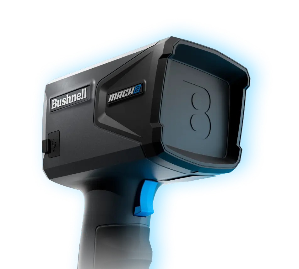 Black and blue handheld radar device for measuring speed.