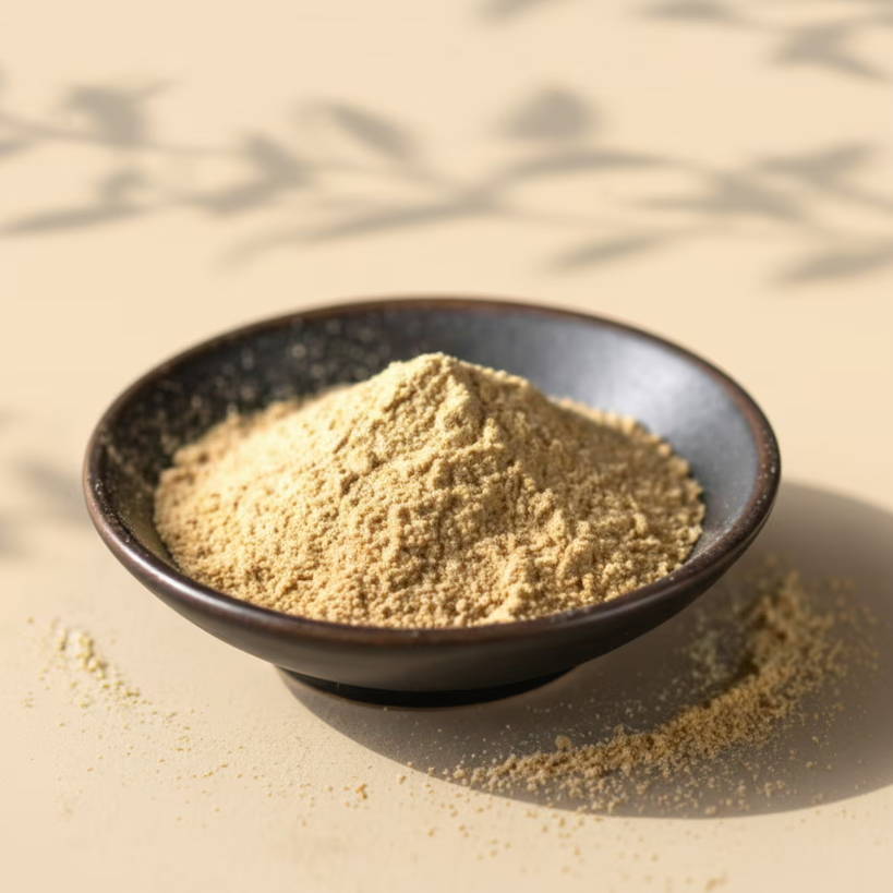 Bowl of yellow powder with soft shadows on a light surface.