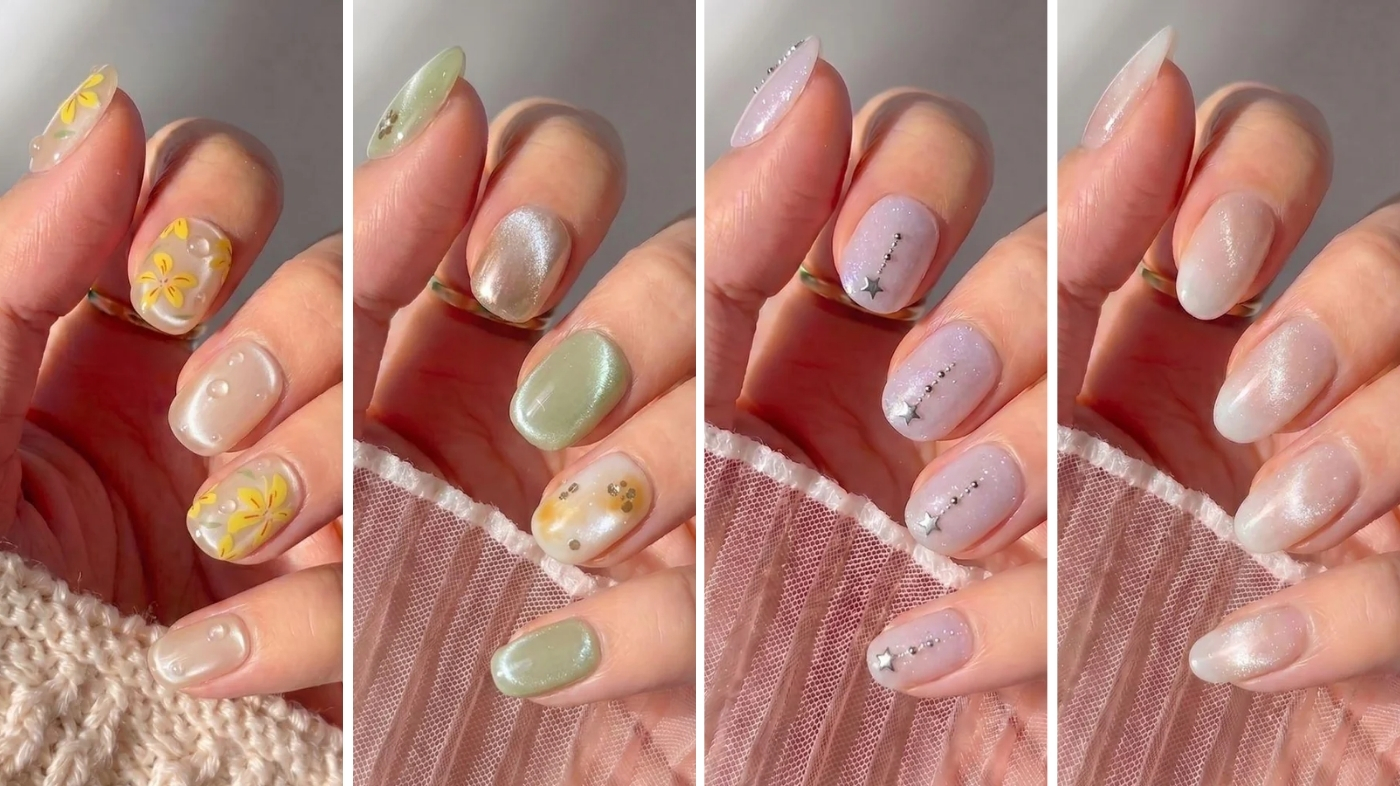 Trending summer nail colors 2025 flat lay with butter yellow matcha lavender and chrome EyeCandys press-ons