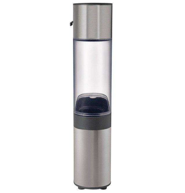 A modern, stainless steel water dispenser with a transparent container.