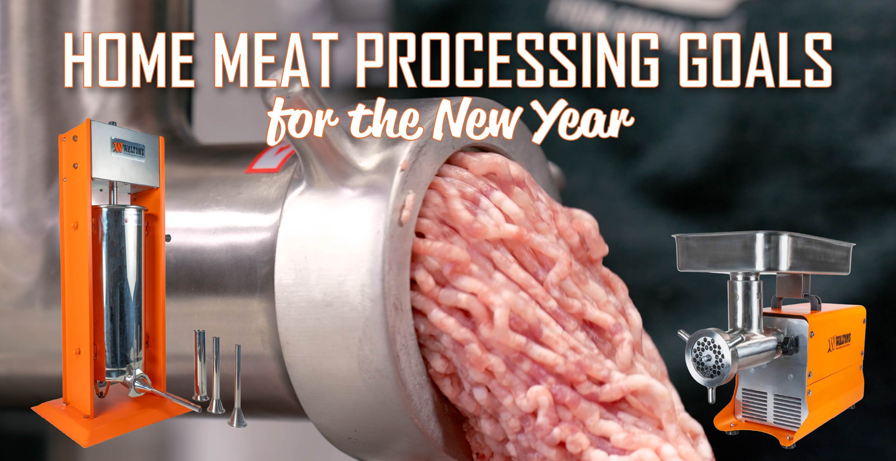 Home meat processing equipment with text about New Year goals.