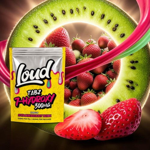 Loud product packaging with strawberries and kiwi in a vibrant background.