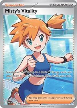 Misty's Vitality Pokémon card featuring Misty in a sporty outfit.