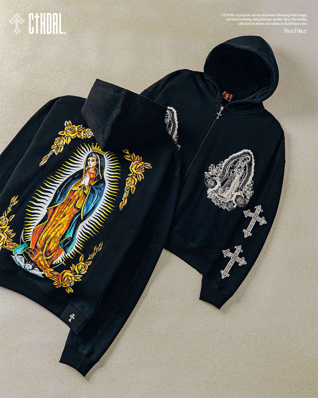 Black hoodie featuring religious graphics and designs.