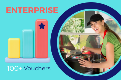 Graphic promoting enterprise vouchers with a smiling chef cooking.