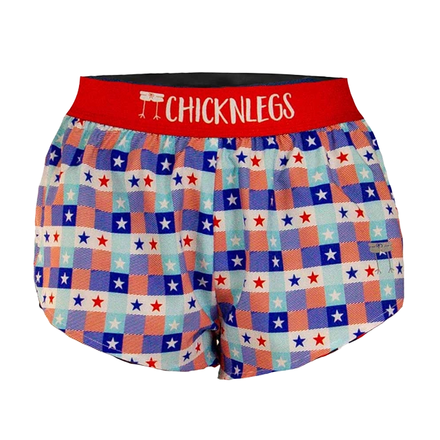 Colorful patterned shorts with a red 