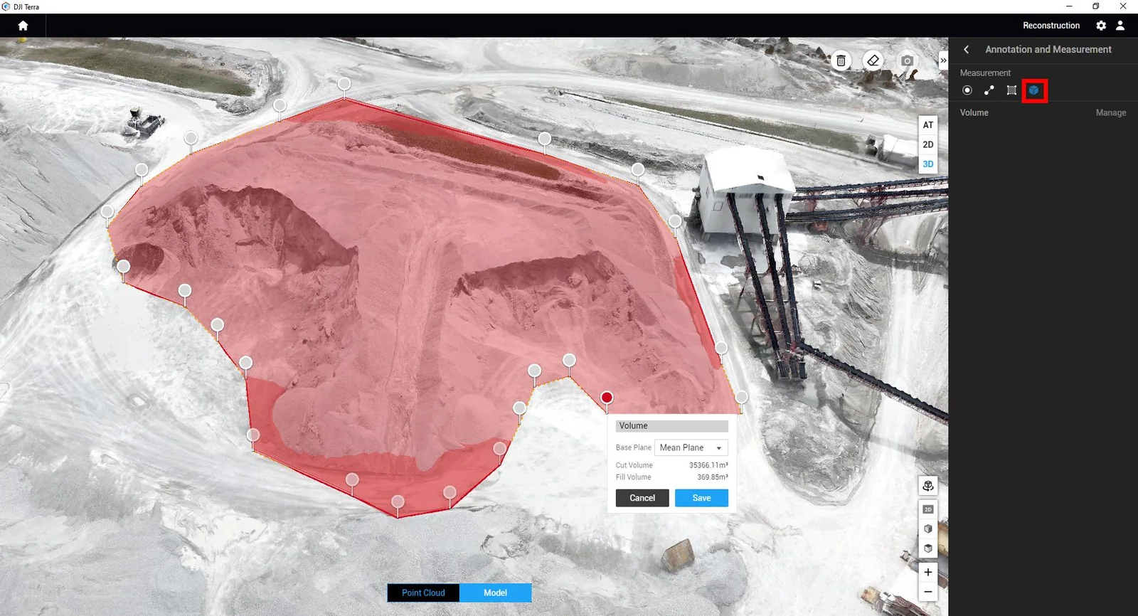 DJI Terra stockpile model with a defined measurement boundary and calculated cut-and-fill volumes
