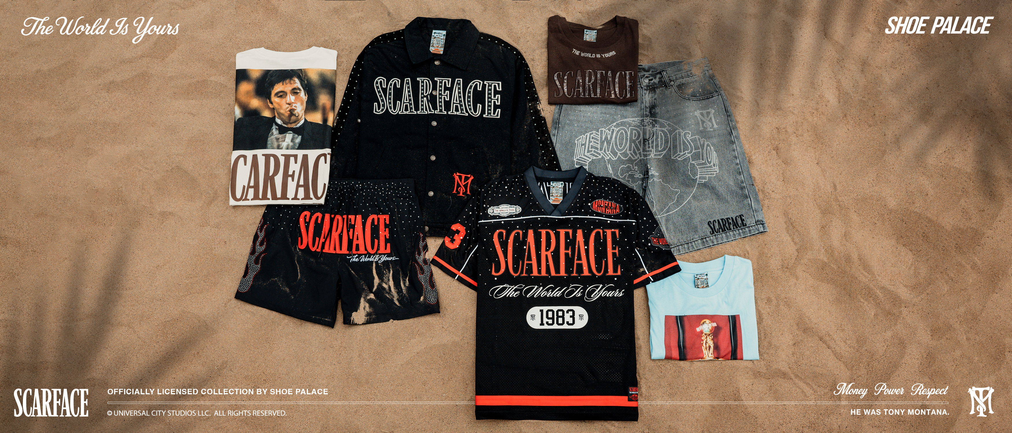 Clothing items and magazines arranged on a surface, featuring various designs and logos.