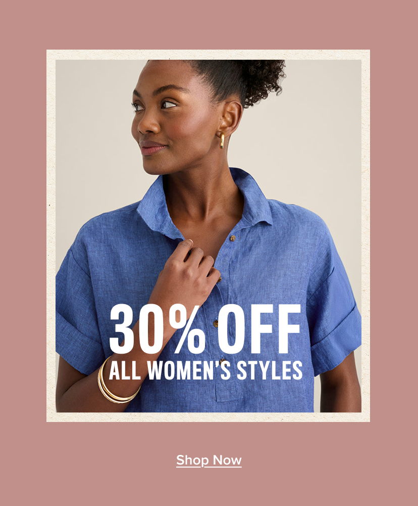 Woman in a blue shirt promoting 30% off all women's styles.