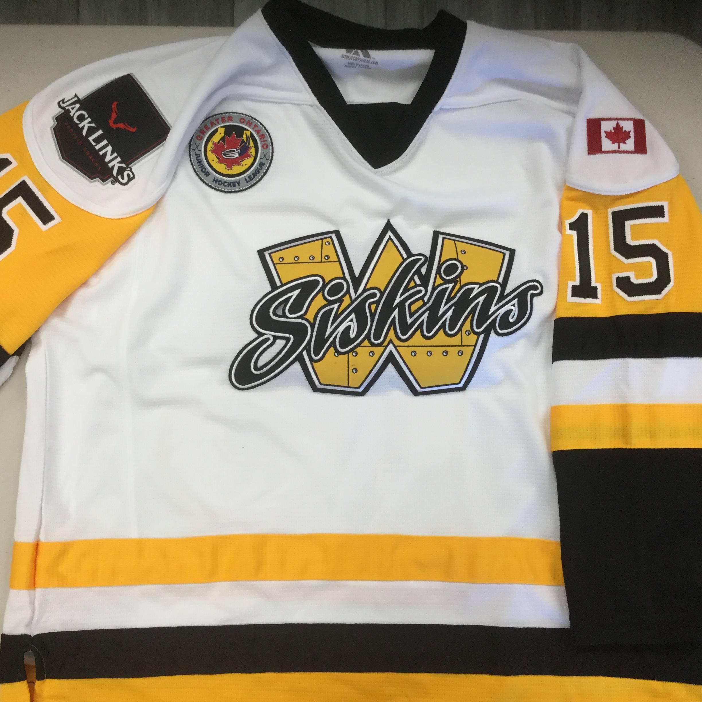 Custom Hockey Jersey With Embroidered Twill Crest on Kobe K3G87H Pittsburgh Penguins White: Waterloo Siskins Jr B