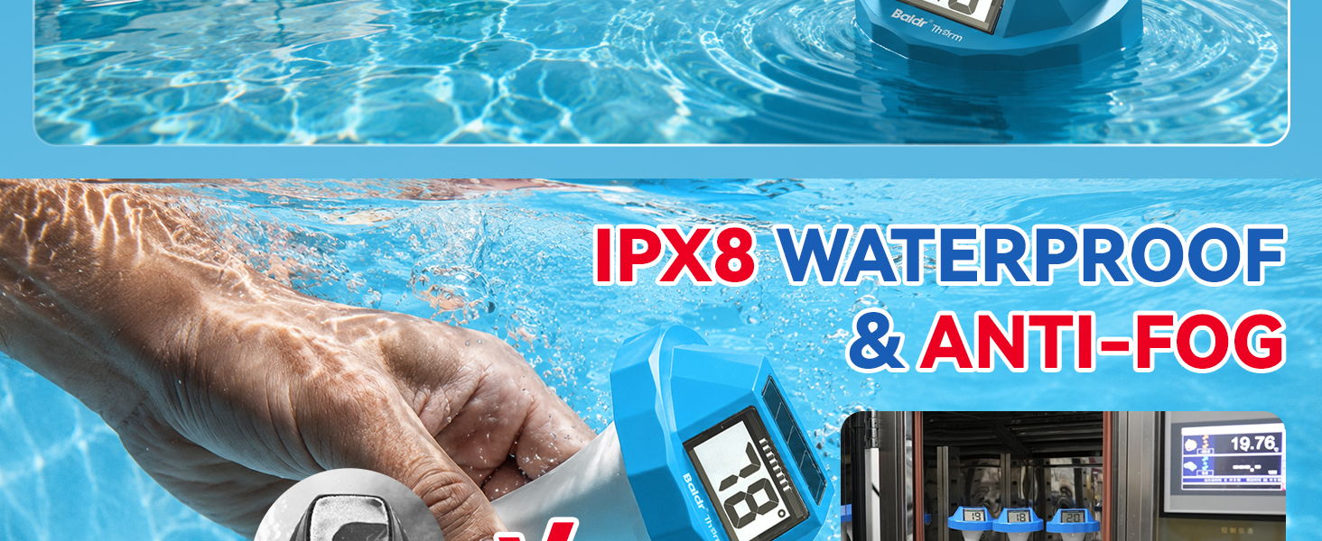 Hand holding a device near water, promoting waterproof and anti-fog features.