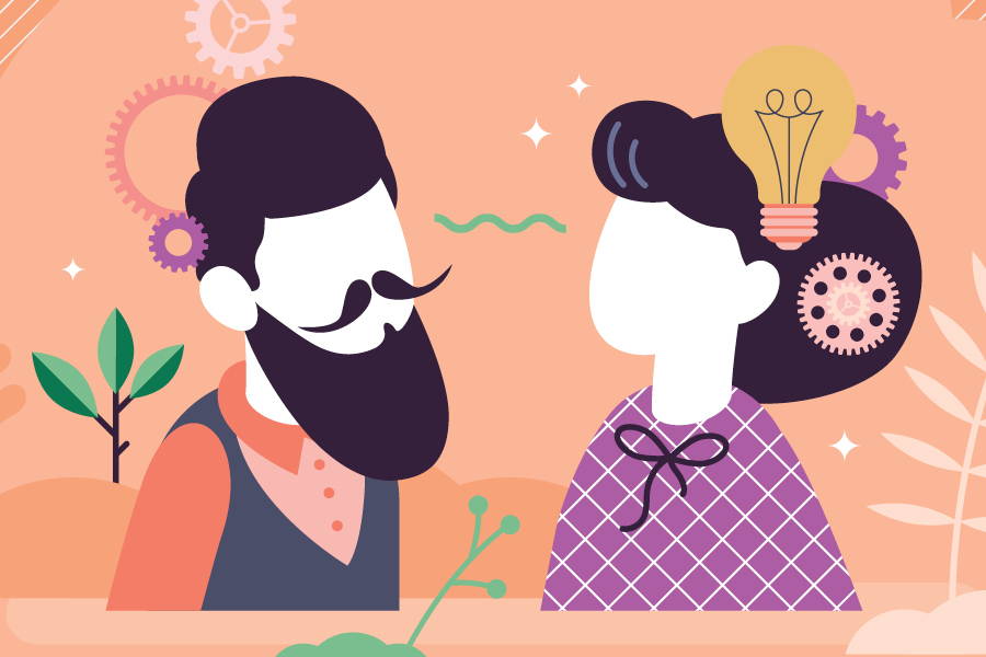 vector image of man and woman with thinking wheels and lightbulb