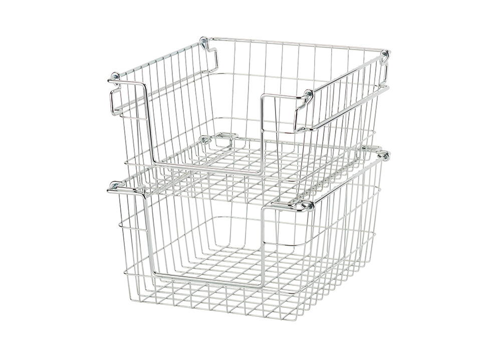 chrome wire baskets stacked on top of each other