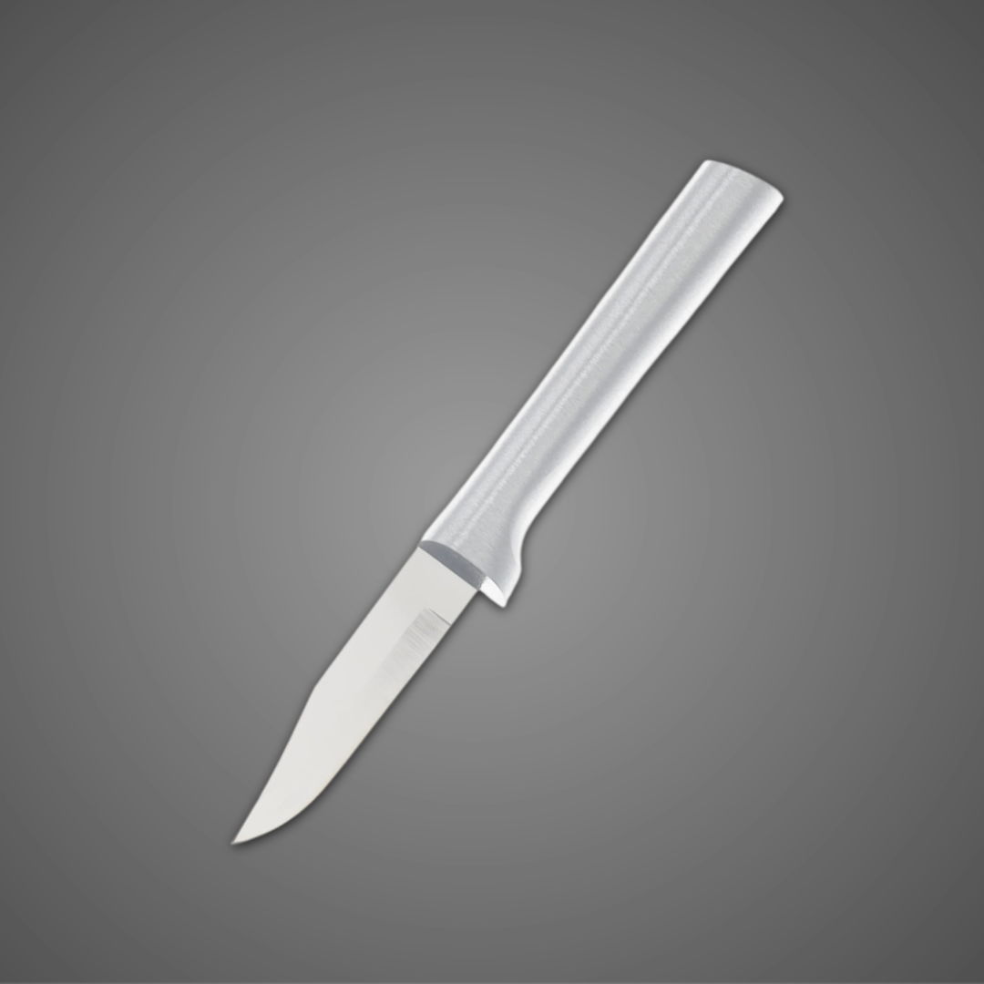 A silver knife with a white handle on a gray background.