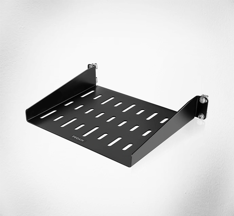 Black metal wall shelf with slotted design and mounting brackets.