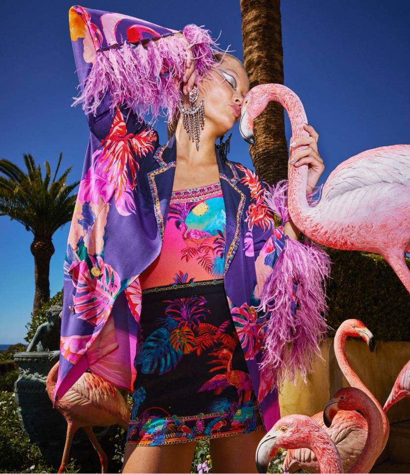 FLIGHT OF THE FLAMINGO  |  Flared Sleeve Double Breasted Jacket, One Shoulder One Piece With Chain