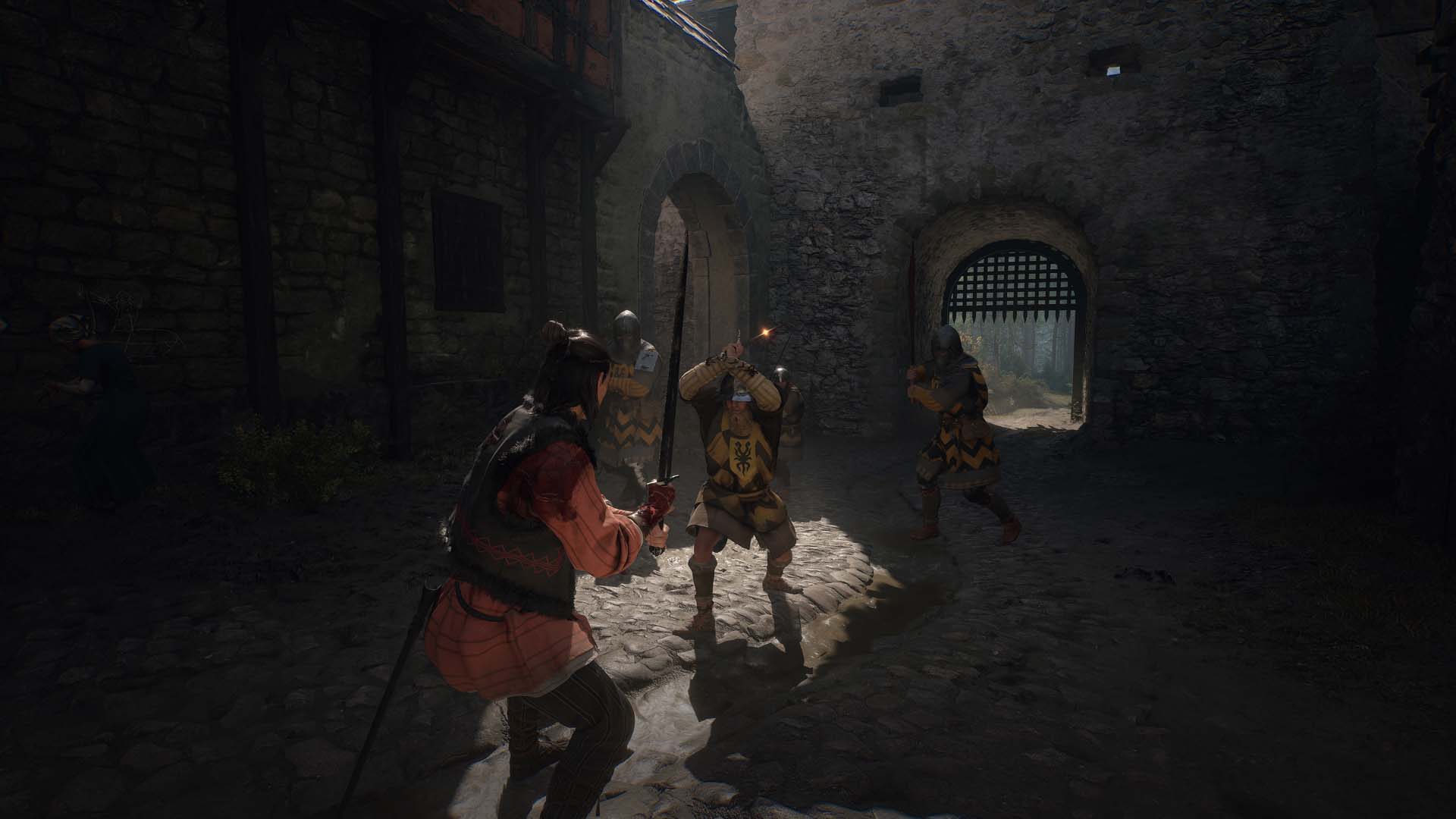 Three characters in medieval attire in a dimly lit corridor.